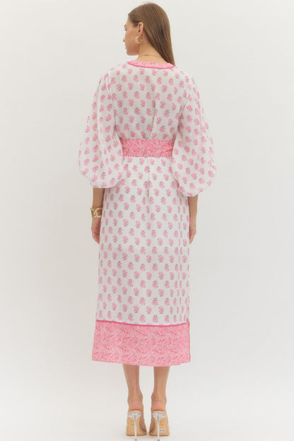 Pink blossom midi dress with tie waist belt and contrast trim neckline back view