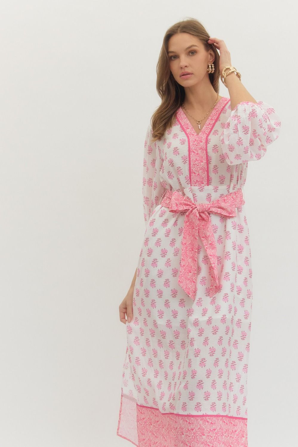 Pink blossom midi dress with tie waist belt and contrast trim neckline