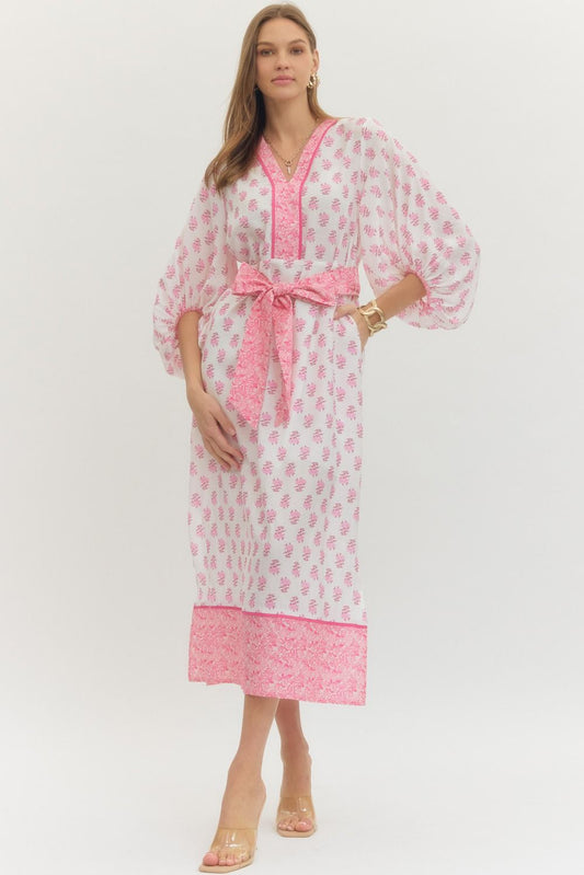 Pink blossom belted midi dress with V neckline and balloon sleeves front view