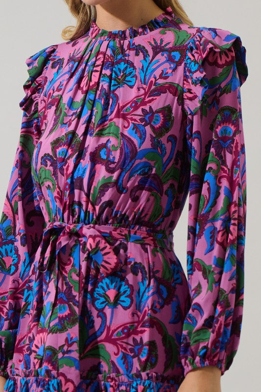 Pink floral belted mini dress with long sleeves and ruffle hem, featuring a bold colorful print — boutique statement dress from Milo & Lily Boutique.