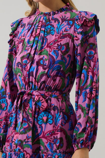 Pink floral belted mini dress with long sleeves and ruffle hem, featuring a bold colorful print — boutique statement dress from Milo & Lily Boutique.