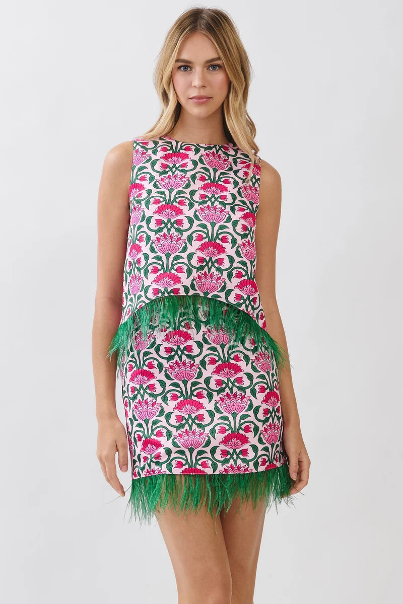 Pink and green floral matching sleeveless top and mini skirt set with green fringe
