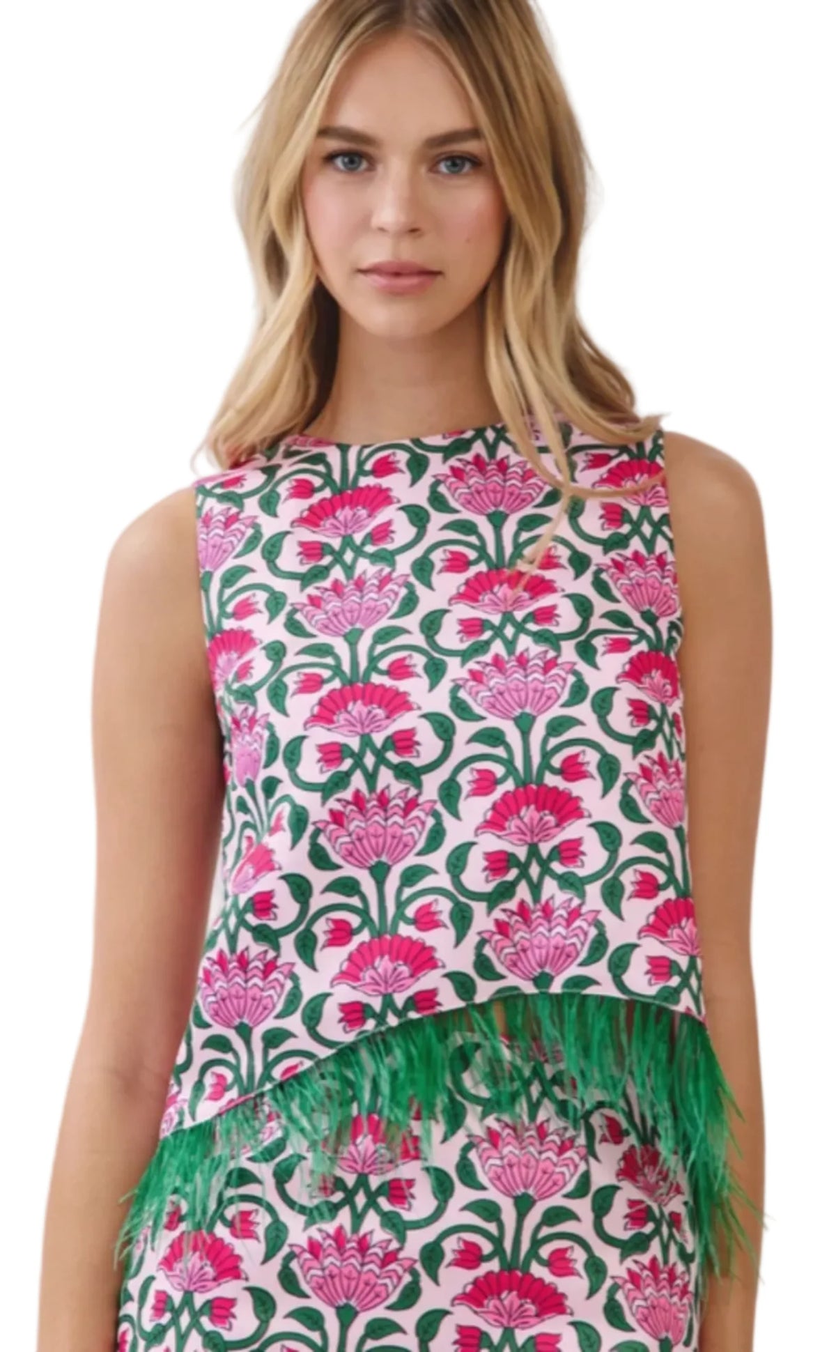 Sleeveless pink floral crop top with green fringe trim detail