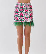 Back view pink floral fringe mini skirt