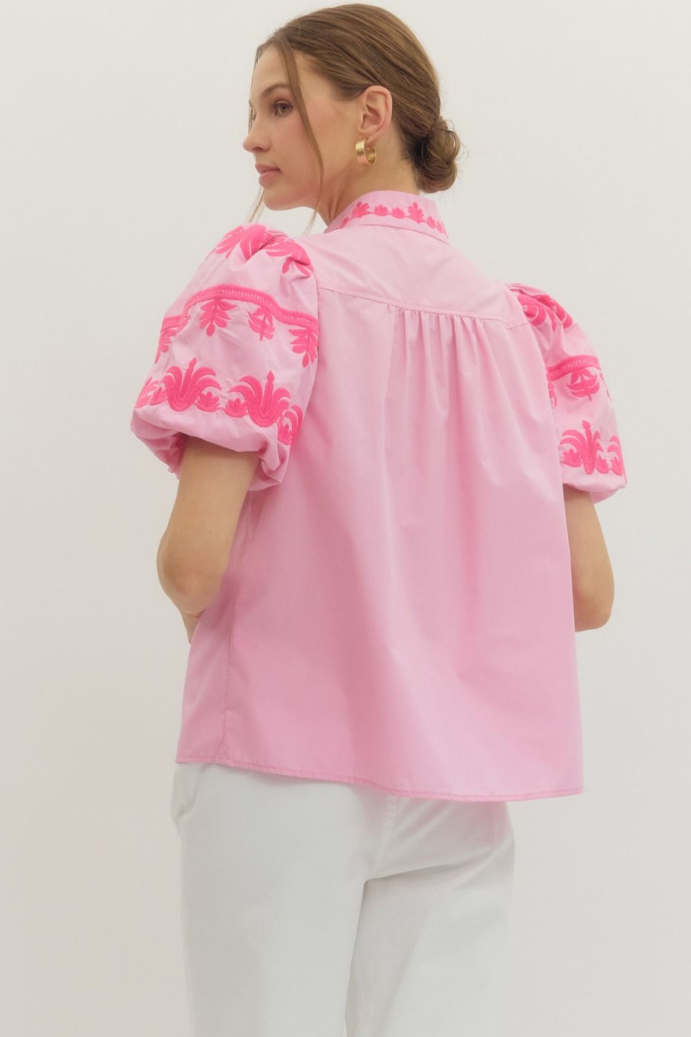 Pink embroidered puff sleeve blouse back view