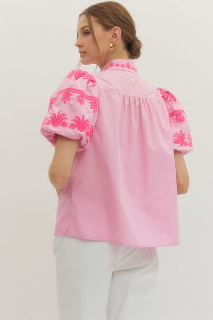 Pink embroidered puff sleeve blouse back view