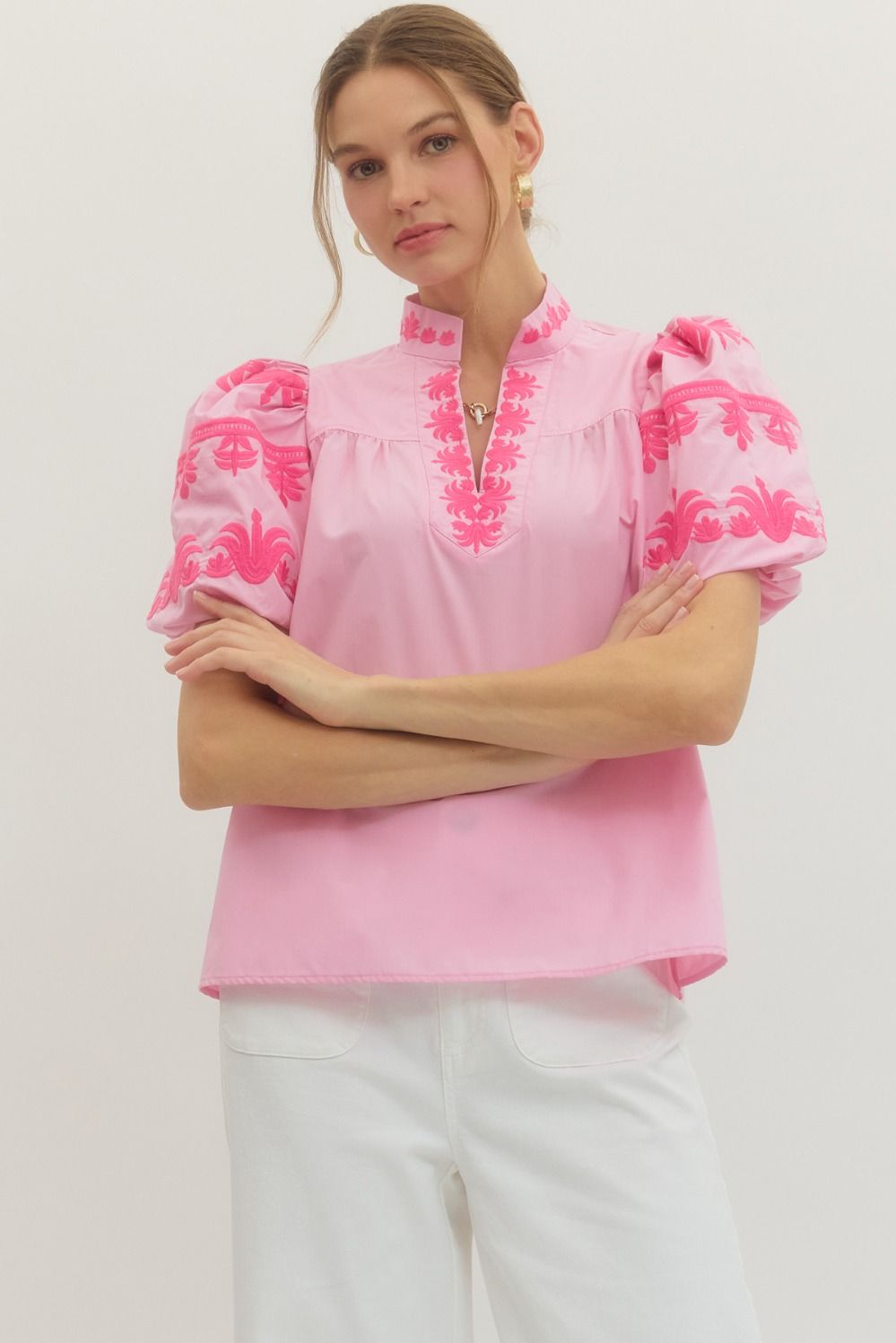 Pink embroidered puff sleeve blouse front view