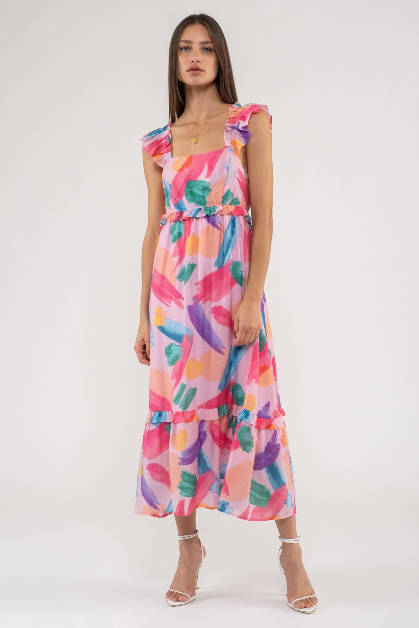 Pink Brush Stroke Print Midi Dress