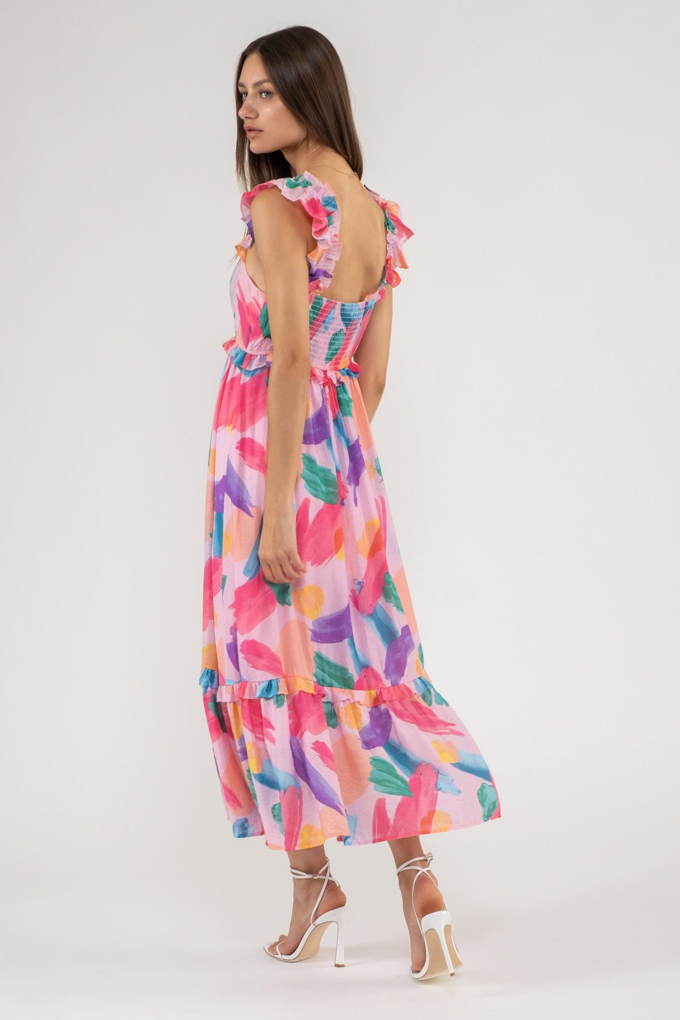 Pink Brush Stroke Print Midi Dress