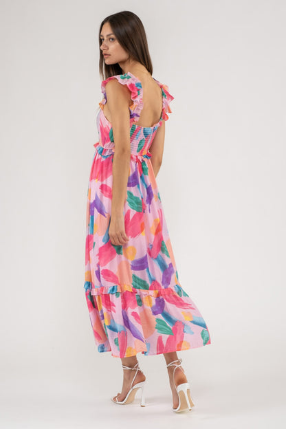 Pink Brush Stroke Print Midi Dress