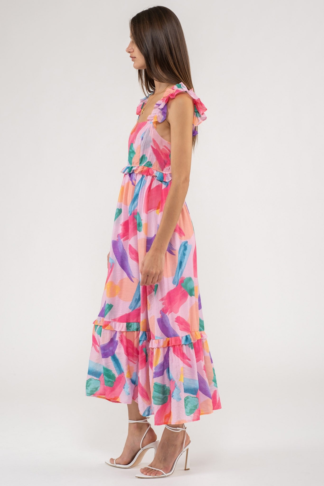 Pink Brush Stroke Print Midi Dress