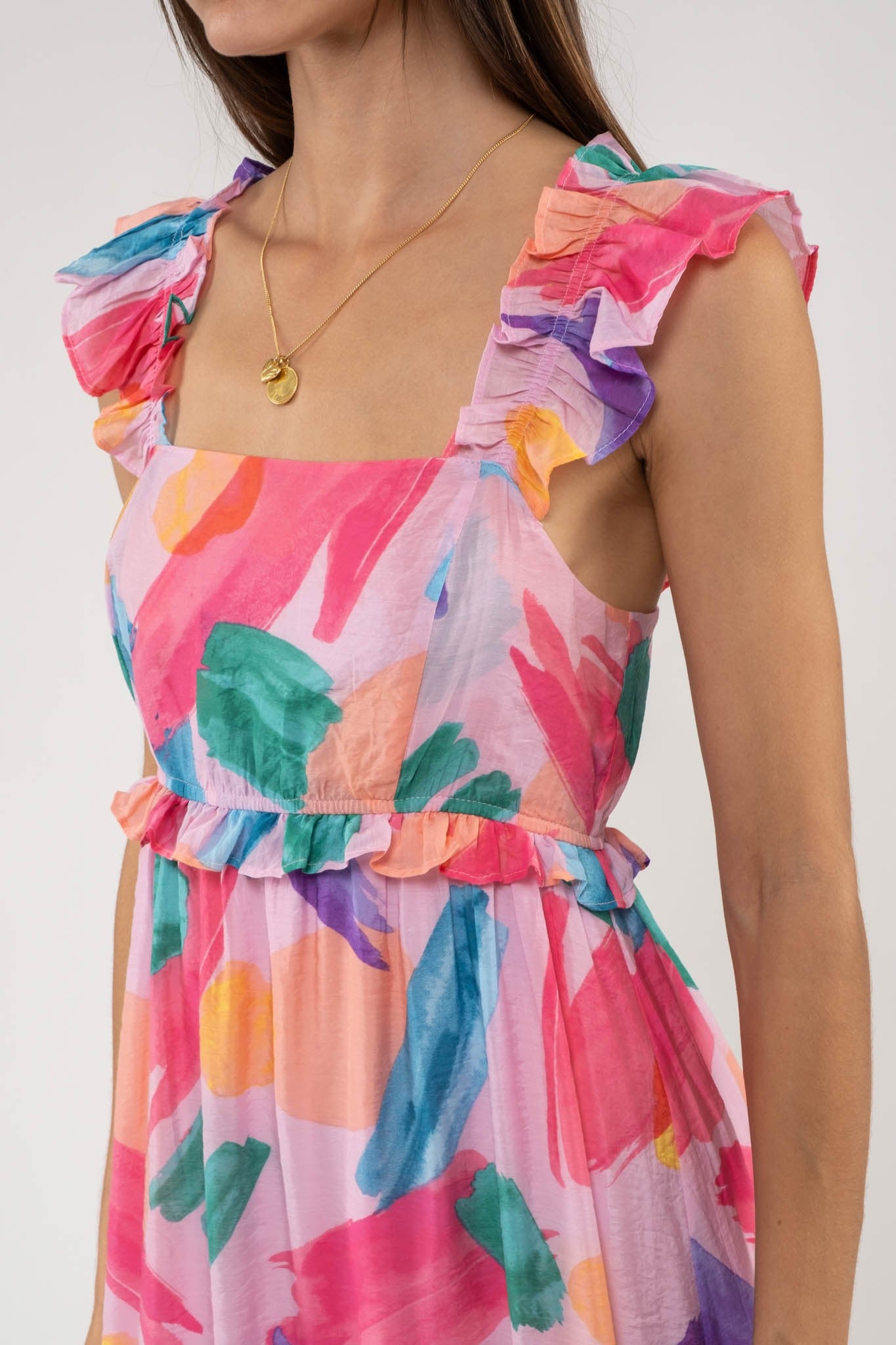 Pink Brush Stroke Print Midi Dress