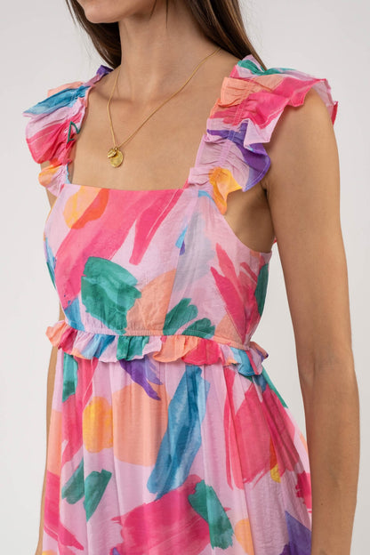 Pink Brush Stroke Print Midi Dress
