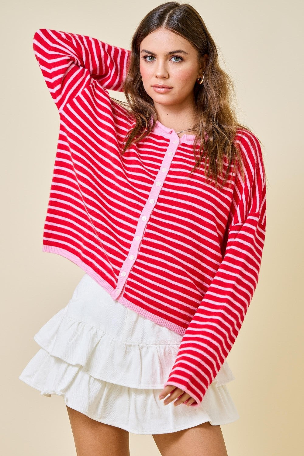 The Raspberry Cream Stripe Cardigan - Milo & Lily Boutique