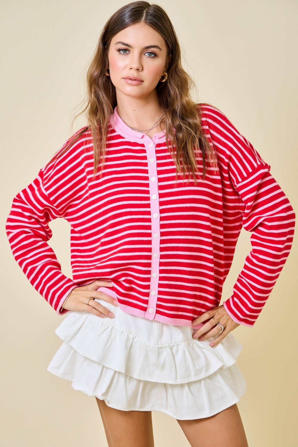 The Raspberry Cream Stripe Cardigan - Milo & Lily Boutique
