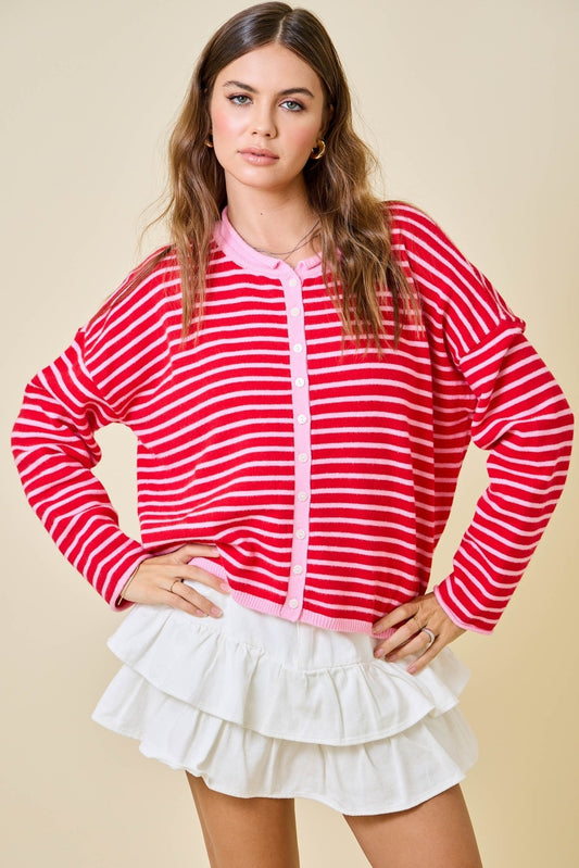 The Raspberry Cream Stripe Cardigan - Milo & Lily Boutique