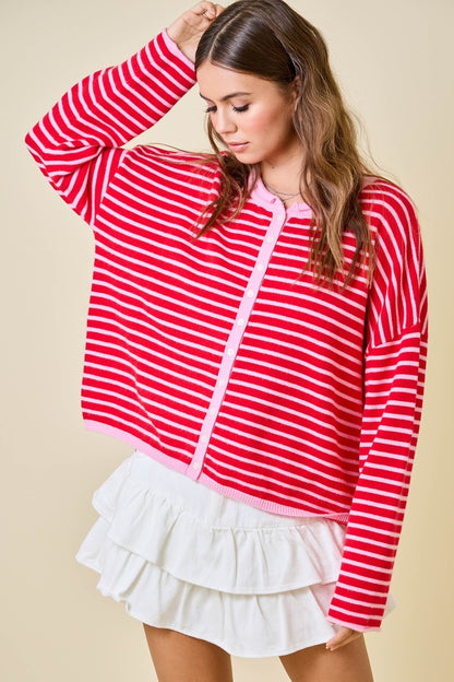 The Raspberry Cream Stripe Cardigan - Milo & Lily Boutique