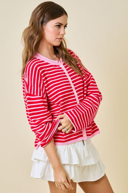 The Raspberry Cream Stripe Cardigan - Milo & Lily Boutique