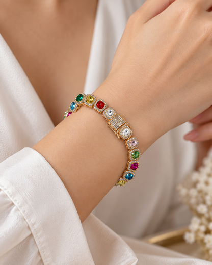 Rainbow Radiance multicolor crystal tennis bracelet on model wrist