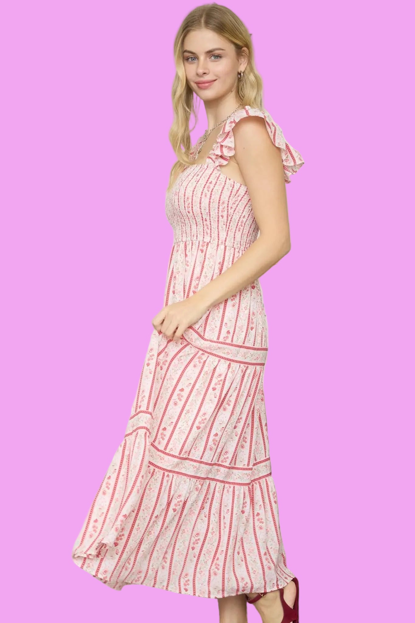 women’s red floral stripe midi dress with smocked bodice and ruffle straps