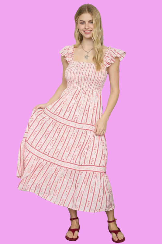 red floral smocked midi dress with ruffle straps tiered summer garden party dress