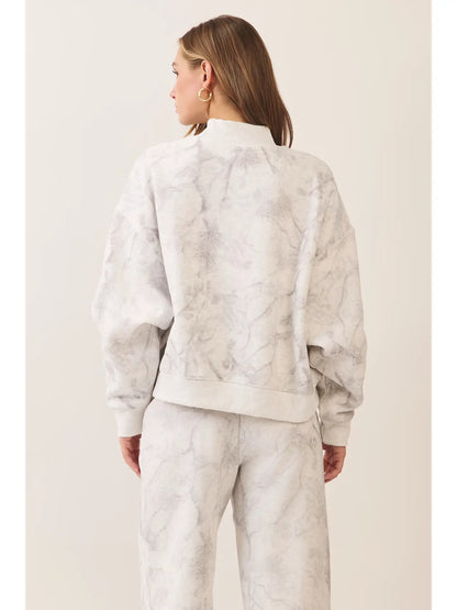 Back view ivory and light grey marble printed mock neck sweatshirt