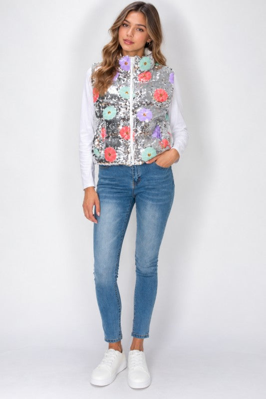 Silver floral sequin zip vest front