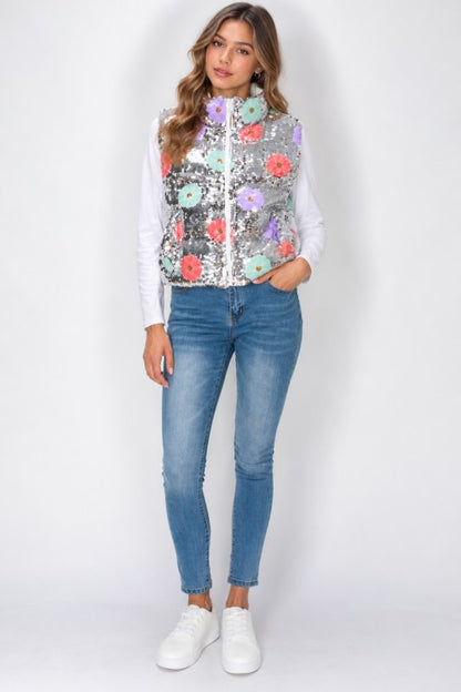 Silver floral sequin zip vest front