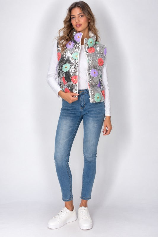 Silver floral sequin zip vest open front