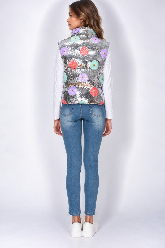 Silver floral sequin zip vest back