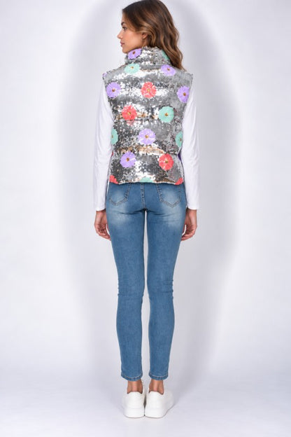Silver floral sequin zip vest back