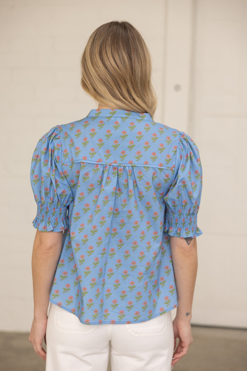Blue Floral Print Puff Sleeve Top with Smocked Cuff and Split Neckline - Milo & Lily Boutique