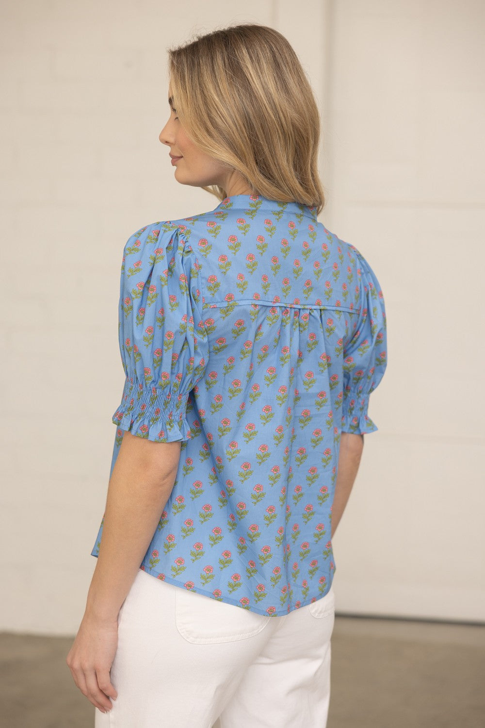 Blue Floral Print Puff Sleeve Top with Smocked Cuff and Split Neckline - Milo & Lily Boutique
