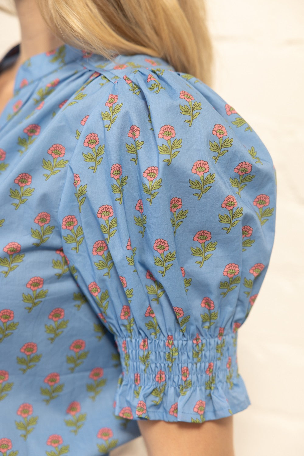 Blue Floral Print Puff Sleeve Top with Smocked Cuff and Split Neckline - Milo & Lily Boutique