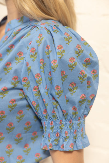 Blue Floral Print Puff Sleeve Top with Smocked Cuff and Split Neckline - Milo & Lily Boutique