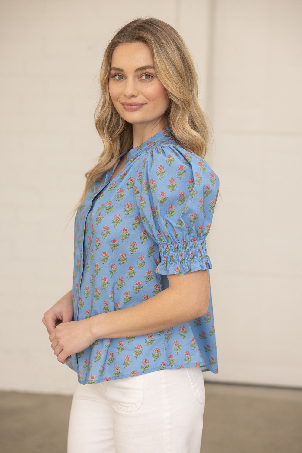 Blue Floral Print Puff Sleeve Top with Smocked Cuff and Split Neckline - Milo & Lily Boutique