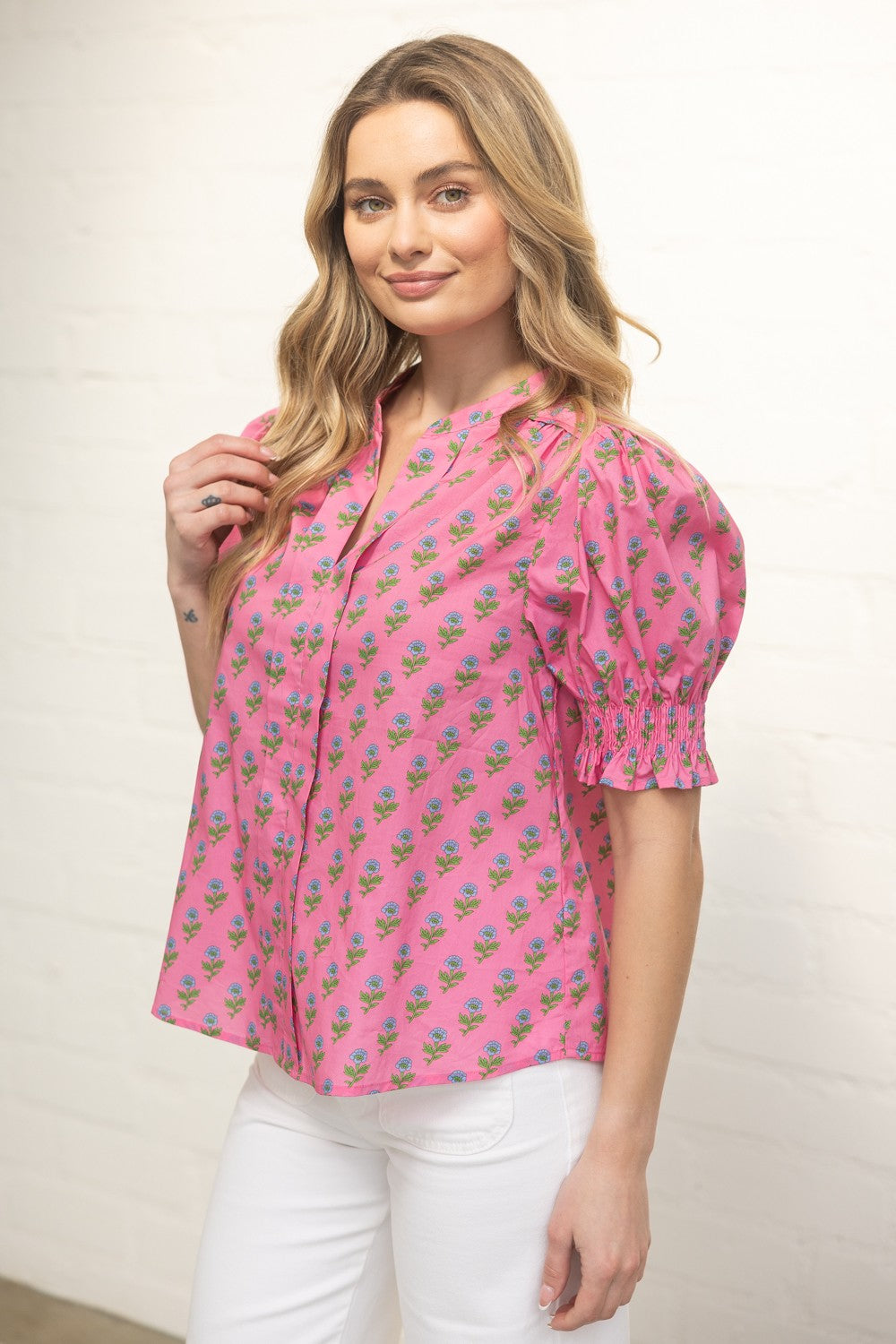 Pink Floral Print Puff Sleeve Top with Smocked Cuff and Split Neckline - Milo & Lily Boutique