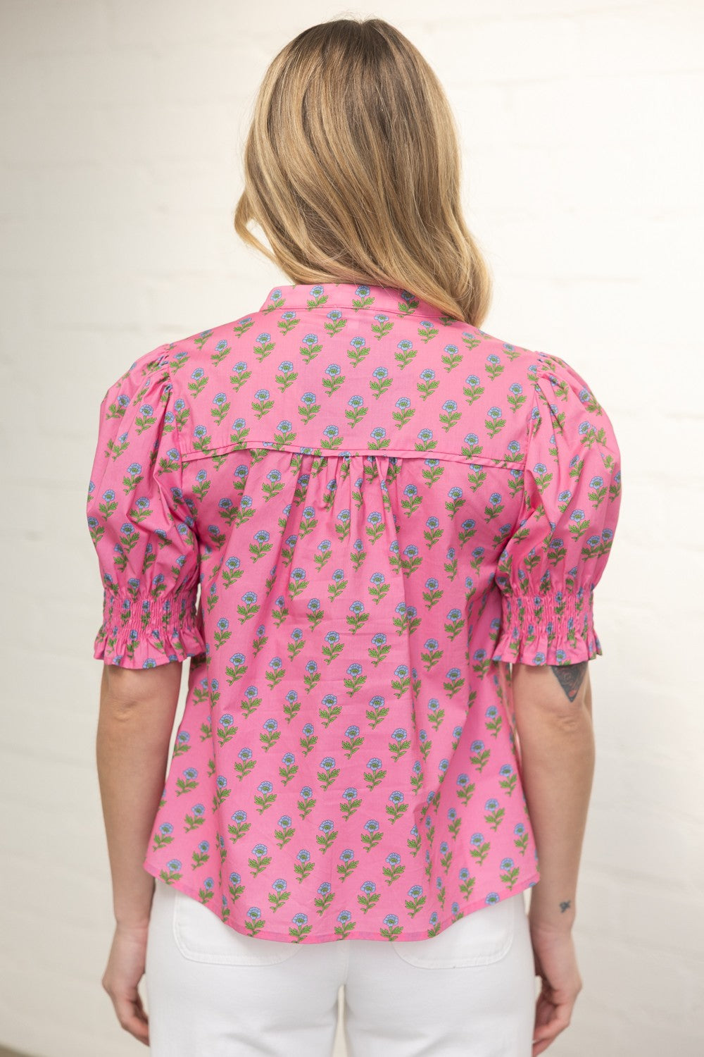 Pink Floral Print Puff Sleeve Top with Smocked Cuff and Split Neckline - Milo & Lily Boutique