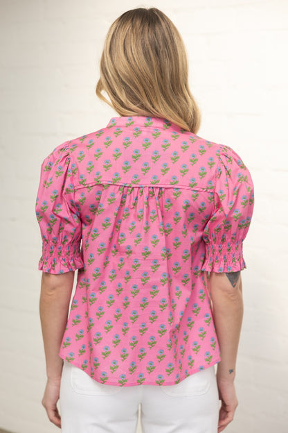 Pink Floral Print Puff Sleeve Top with Smocked Cuff and Split Neckline - Milo & Lily Boutique