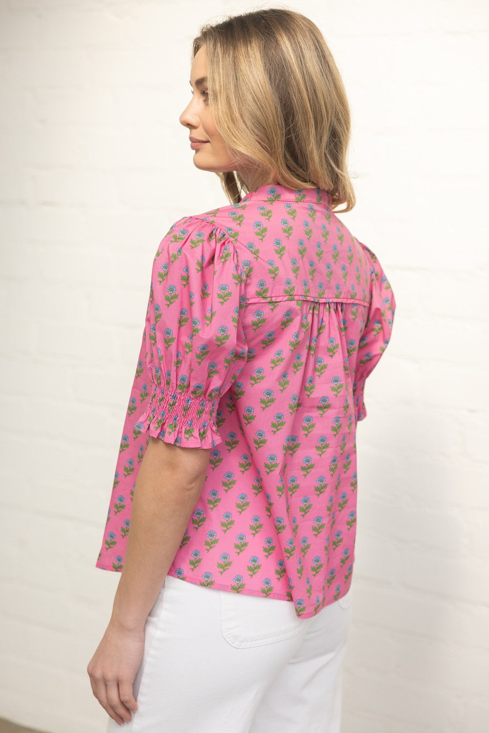 Pink Floral Print Puff Sleeve Top with Smocked Cuff and Split Neckline - Milo & Lily Boutique