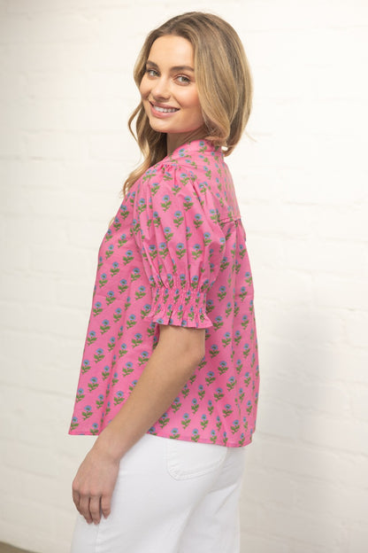 Pink Floral Print Puff Sleeve Top with Smocked Cuff and Split Neckline - Milo & Lily Boutique