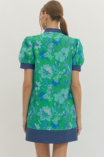 Green floral dress with blue accents on a plain background