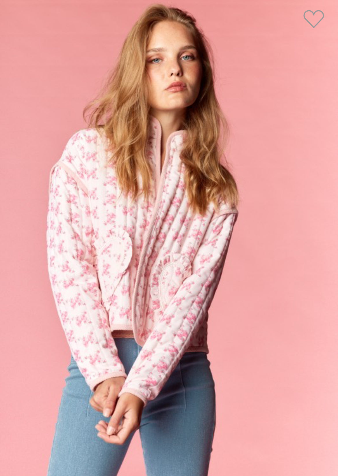 Light pink floral quilted jacket with heart pockets and vintage-inspired design — cozy and romantic boutique jacket.