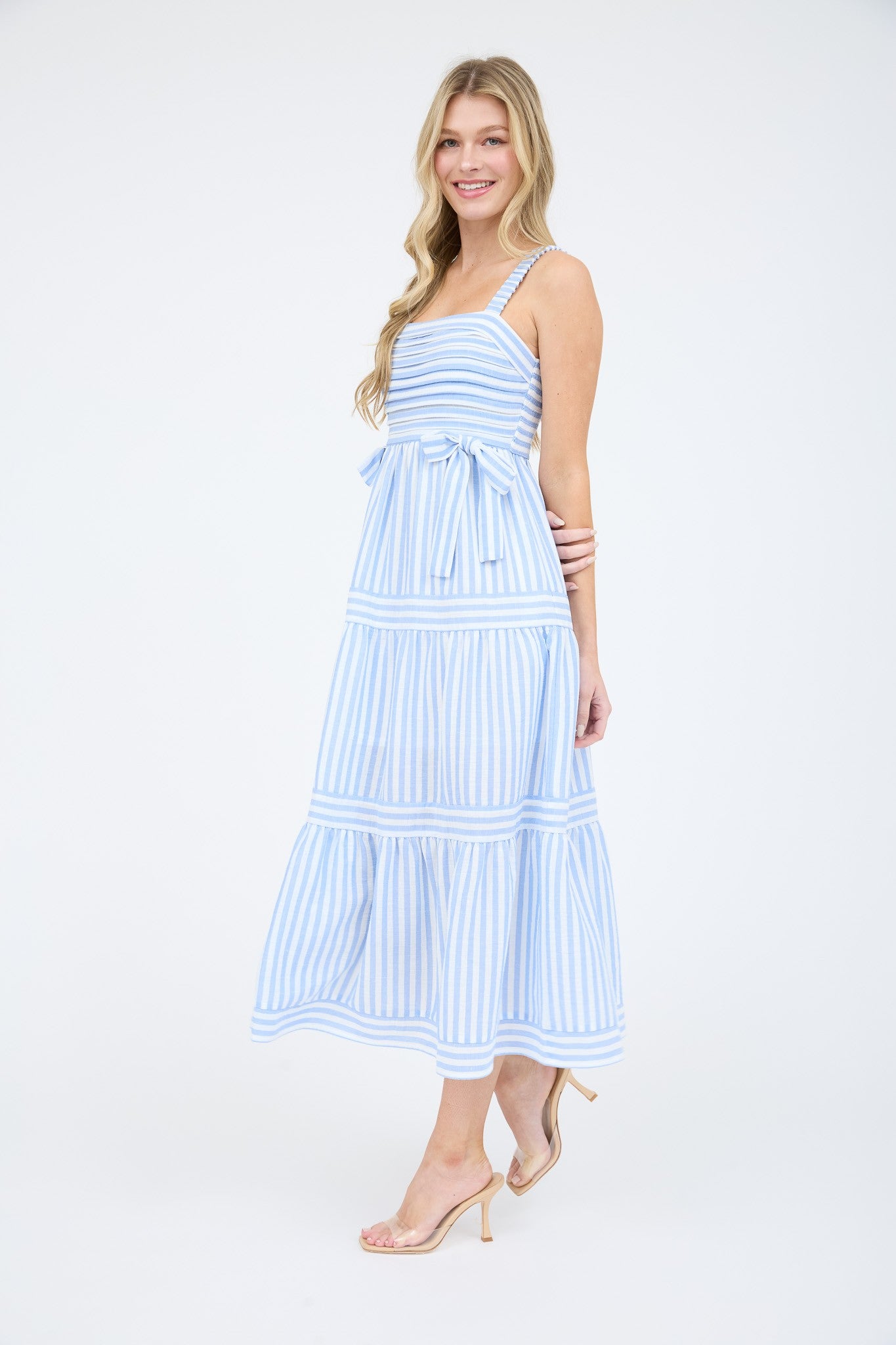 blue and white stripe dress with bow detail
