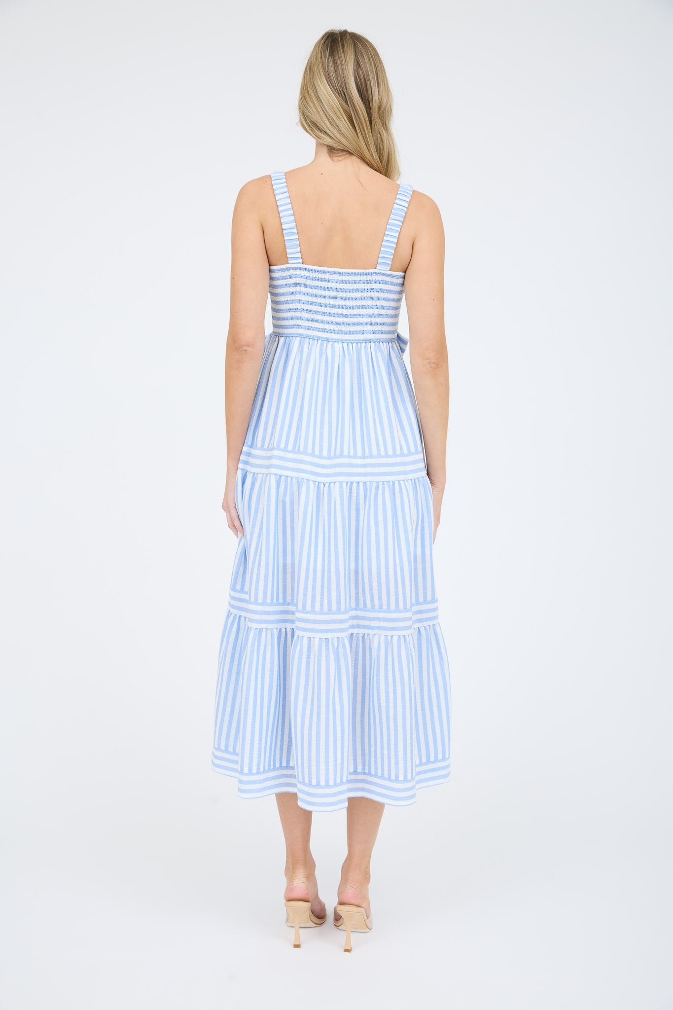 blue and white stripe dress with bow detail