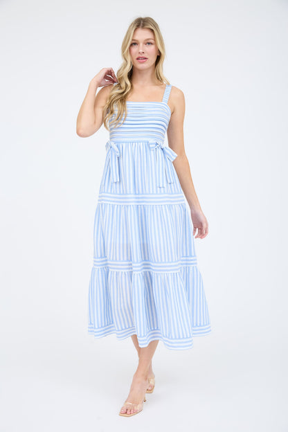 blue and white stripe dress with bow detail