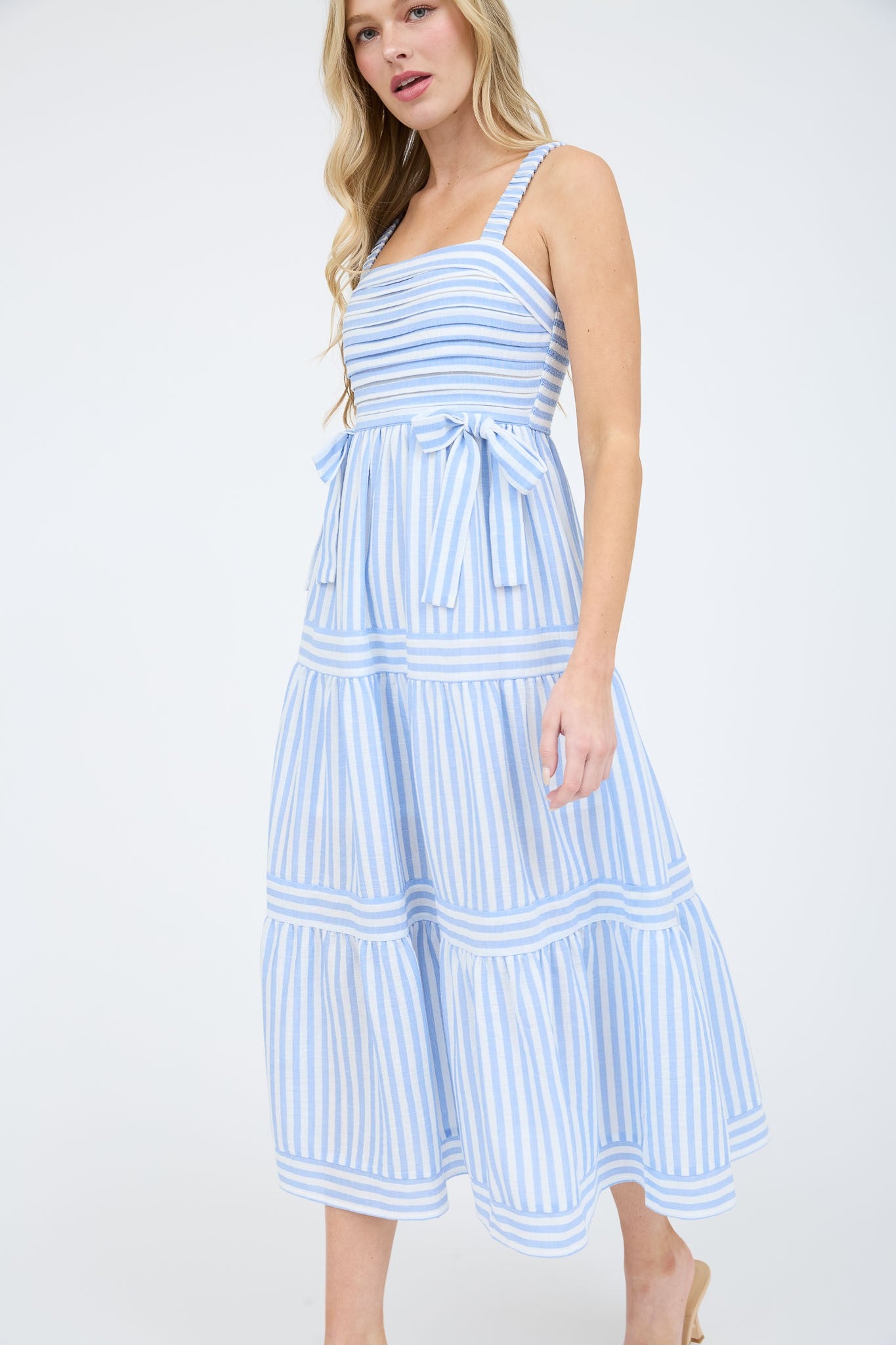 blue and white stripe dress with bow detail