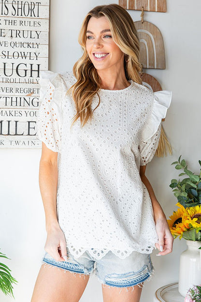 White Eyelet Ruffle Blouse