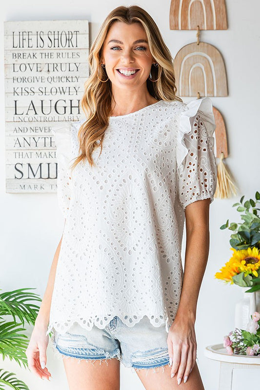 White Eyelet Ruffle Blouse