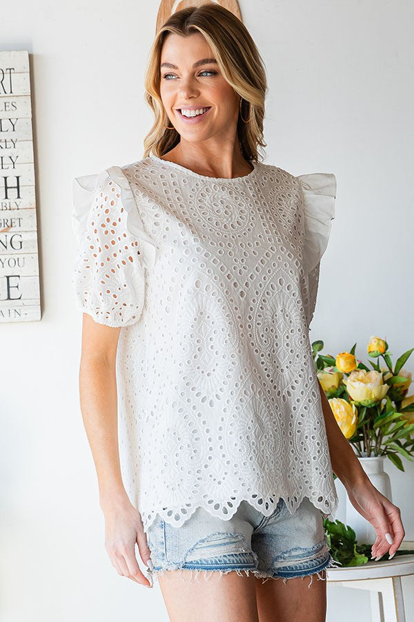 White Eyelet Ruffle Blouse